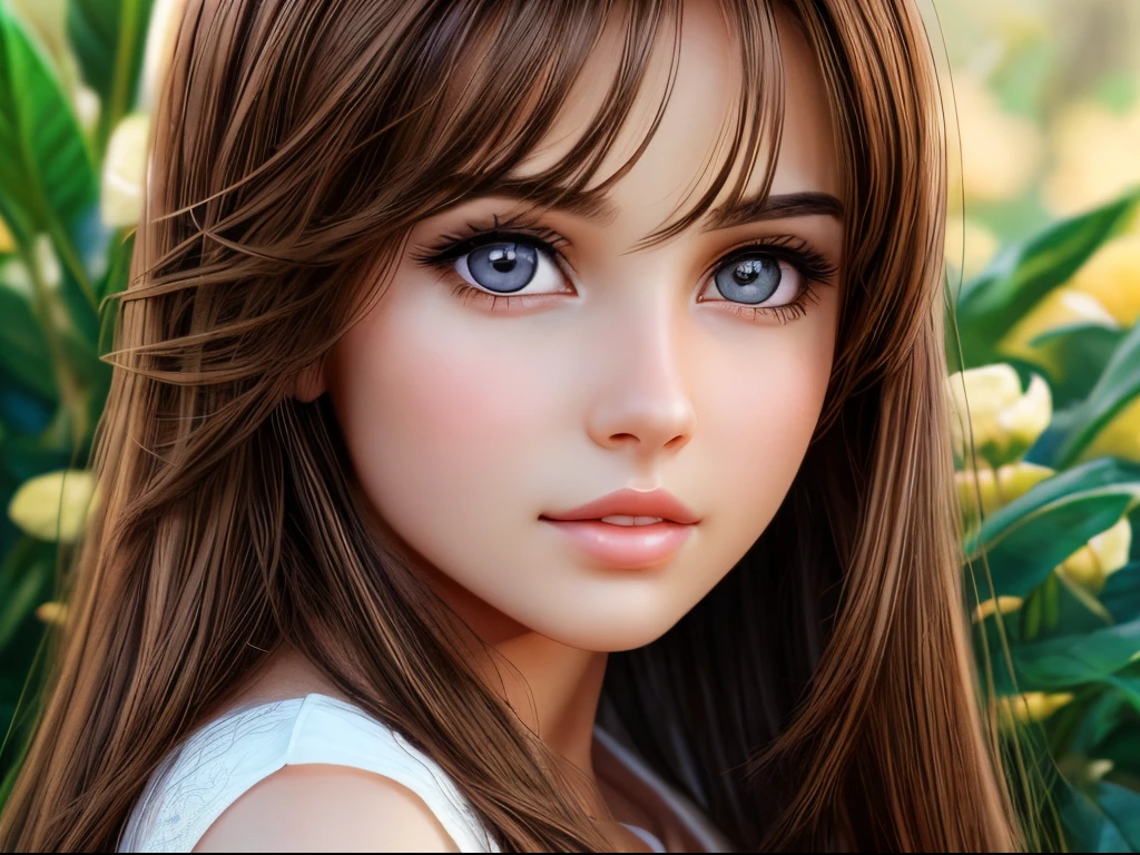 Best Quality, plant, (Realistic: 1,2), 1 girl, brown hair, Brown eyes, front, Detailed Face, Beautiful eyes