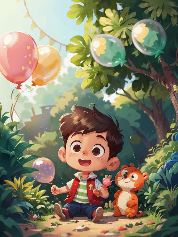 A boy, zoo, many balloons, happy, happy, perfect quality, clear focus (clutter - home: 0.8), (masterpiece: 1.2) (realistic: 1.2) (bokeh) (best quality) (detailed skin: 1.3) (intricate details) (8K) (detail eyes) (sharp focus), (happy)