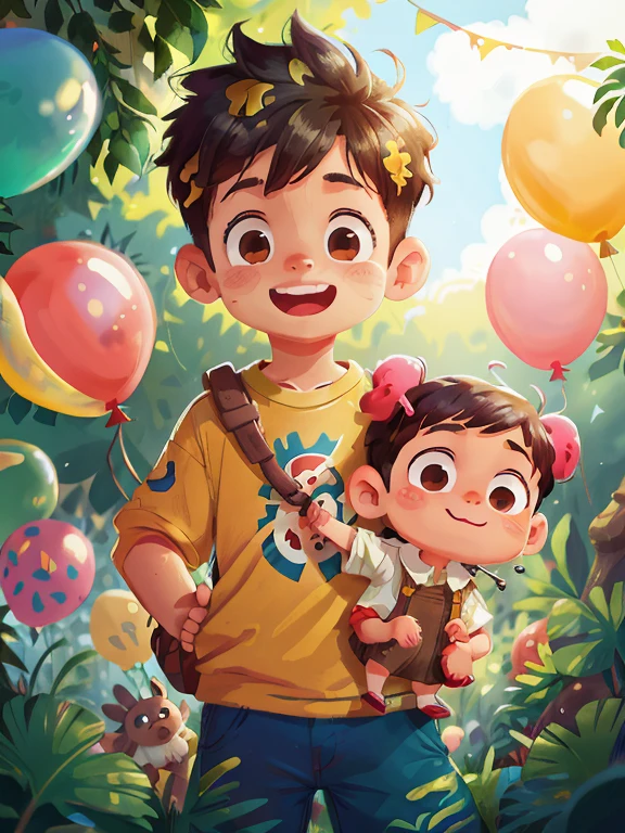 A boy, zoo, many balloons, happy, happy, perfect quality, clear focus (clutter - home: 0.8), (masterpiece: 1.2) (realistic: 1.2) (bokeh) (best quality) (detailed skin: 1.3) (intricate details) (8K) (detail eyes) (sharp focus), (happy)