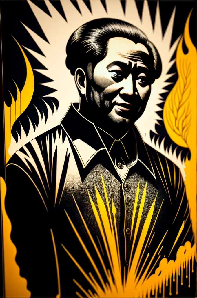 (black light art,detail description),(Mao Zedong:1.1),portrait,brush strokes,black and white,colorful graffiti,glowing effects,ultra-detailed,(realistic:1.37) painting,aged texture,deep emotions,inspiring leader,firm expression,vibrant colors,contrast,poetic symbolism,revolutionary spirit,thought-provoking composition,shadows and highlights,dynamic movement,strong presence,unique style,iconic figure,emphasis on facial features,political significance,nighttime setting,abstract concepts,street art influences,emerging from darkness,powerful energy,history and legacy,transformative journey,visionary leadership,ideological principles,mass mobilization,cultural revolution,passionate speeches,Big Dipper constellation,Communist Party,people's liberation,strong-willed determination,luminous glow,symbolic motifs,impactful visuals,influential figure,collective consciousness,sociopolitical transformation.