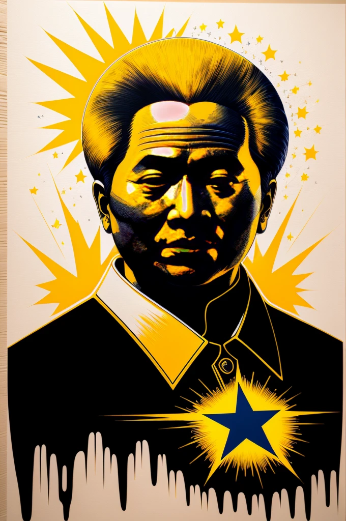 (black light art,detail description),(Mao Zedong:1.1),portrait,brush strokes,black and white,colorful graffiti,glowing effects,ultra-detailed,(realistic:1.37) painting,aged texture,deep emotions,inspiring leader,firm expression,vibrant colors,contrast,poetic symbolism,revolutionary spirit,thought-provoking composition,shadows and highlights,dynamic movement,strong presence,unique style,iconic figure,emphasis on facial features,political significance,nighttime setting,abstract concepts,street art influences,emerging from darkness,powerful energy,history and legacy,transformative journey,visionary leadership,ideological principles,mass mobilization,cultural revolution,passionate speeches,Big Dipper constellation,Communist Party,people's liberation,strong-willed determination,luminous glow,symbolic motifs,impactful visuals,influential figure,collective consciousness,sociopolitical transformation.