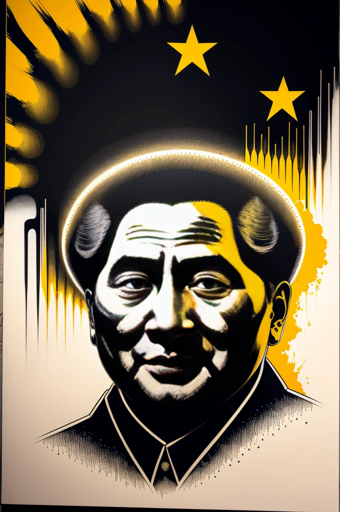 (black light art,detail description),(Mao Zedong:1.1),portrait,brush strokes,black and white,colorful graffiti,glowing effects,ultra-detailed,(realistic:1.37) painting,aged texture,deep emotions,inspiring leader,firm expression,vibrant colors,contrast,poetic symbolism,revolutionary spirit,thought-provoking composition,shadows and highlights,dynamic movement,strong presence,unique style,iconic figure,emphasis on facial features,political significance,nighttime setting,abstract concepts,street art influences,emerging from darkness,powerful energy,history and legacy,transformative journey,visionary leadership,ideological principles,mass mobilization,cultural revolution,passionate speeches,Big Dipper constellation,Communist Party,people's liberation,strong-willed determination,luminous glow,symbolic motifs,impactful visuals,influential figure,collective consciousness,sociopolitical transformation.