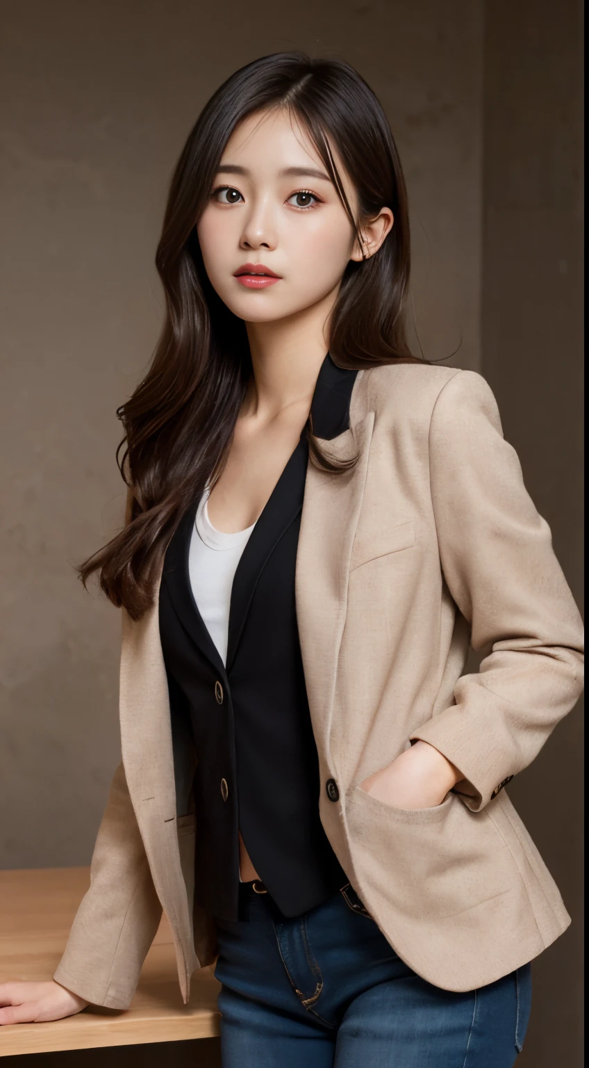 On a table, Best quality, lamplight, ultra - detailed, Detailed pubic hair, A high resolution, 8k wallpaper, Perfect dynamic composition, beautidful eyes,  Natural lips,blazer jacket ,校服, Lop, Full body lesbian,Put your hands in your pockets