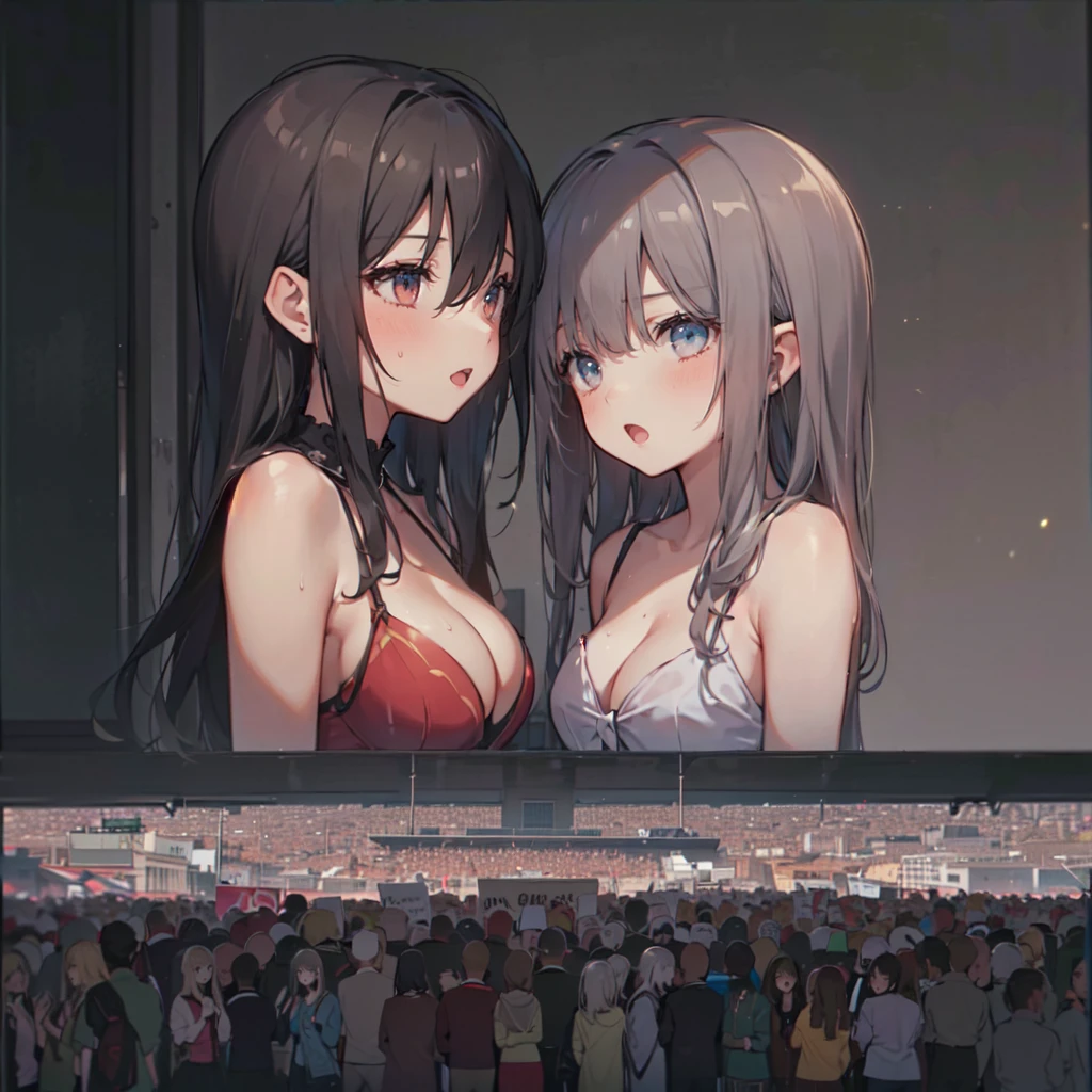 (2girls:1.8), (height_difference:1.5), (size_difference:1.2), (bedroom: 1.2), table, desk,
AND (2girls:1.3), (yuri:1.2), two girls next to each other, (giantess:1.3), small breasts, (breasts and face closeup), smug, cleavage, long hair, elf, elf ears, bangs, hair covering eyes, breast press, :o, >:D,, sweaty, tongue, a city of people on a platform below the breasts of a giantess, a city of people on a platform in front of the breasts of a giantess, (crowds:1.4), (multiple_girls:1.5), (1girl:1.5), serafuku, (minigirl:1.4), (minigirl on a table: 1.2), buildings, cafe, cityscape