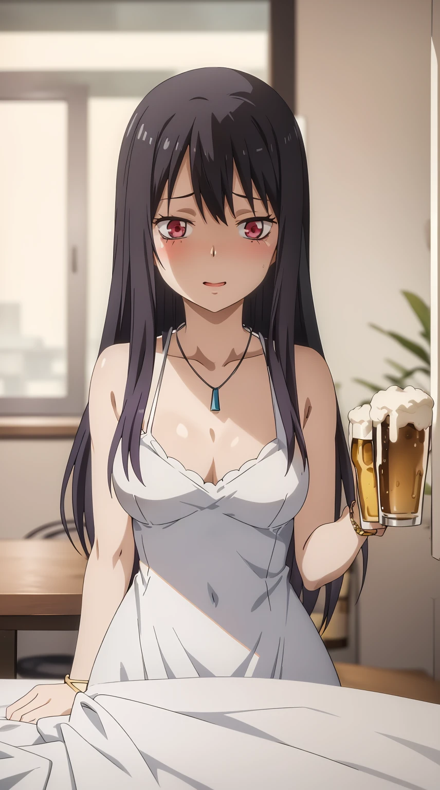 cup, drinking glass, breasts, alcohol, champagne flute, holding cup, jewelry, champagne, motion blur, long hair, wine glass, ice cube, bracelet, dress, open mouth, bottle, drink, halter dress, drinking straw, bare shoulders, 1girl, holding, bangs, blush, looking at viewer, smile, large breasts, necklace, pov, cleavage, halterneck, blur censor, beer, glass, beer mug, white dress, pov across table, focused, wine, solo focus, drunk, bubble tea,ice, plunging neckline, bokeh