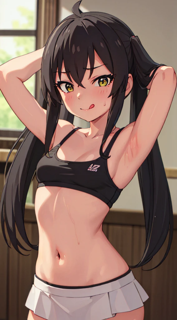 masterpiece, best quality, highres, Matoba Risa, 1girl, solo, busty, flat breasts, black hair, twintail., sport bra, short skirt, looking at viewer, full body, standing, simple background, (erotic pose:1.4), blush, flustered, (panties exposed:1.3), ((arms behind head, double armpits, standing)), Half body, upper body, In the middle, symmetrical, licking lips