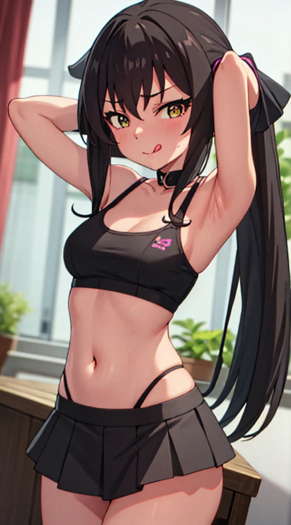 masterpiece, best quality, highres, Matoba Risa, 1girl, solo, busty, flat breasts, black hair, twintail., sport bra, short skirt, looking at viewer, full body, standing, simple background, (erotic pose:1.4), blush, flustered, (panties exposed:1.3), ((arms behind head, double armpits, standing)), Half body, upper body, In the middle, symmetrical, licking lips