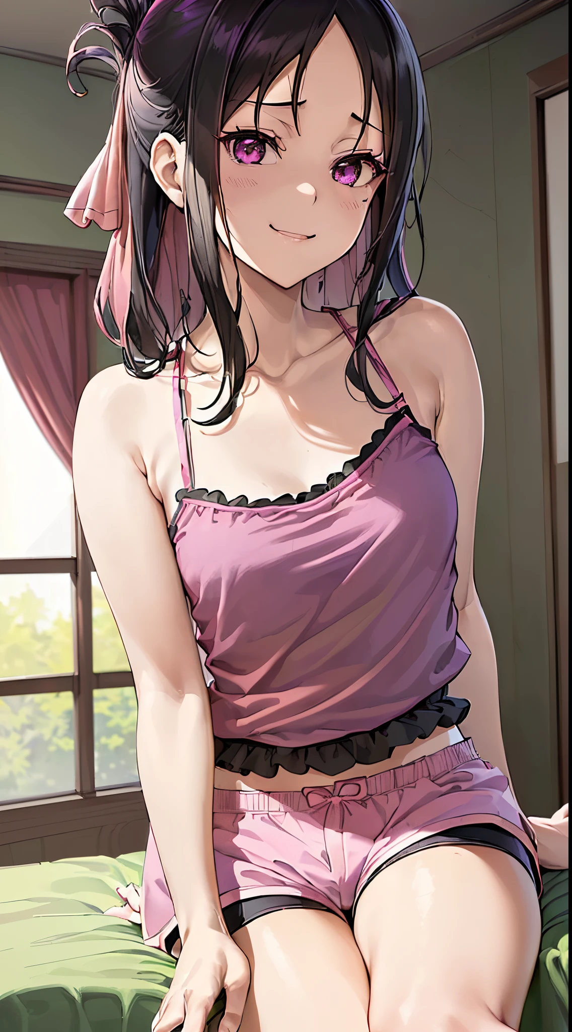 (masutepiece, Best Quality:1.2), Extremely detailed, detailed hairs, Soft skin, princess bedroom background, 『love is war』Kaguya&#39;S, Black hair, Pink camisole, (pink long camisole:1.4), (black purple shorts:1.4), Looking at Viewer, Cinematic Light, The best smile, My face got hot, (Straight hair:1.3), close up