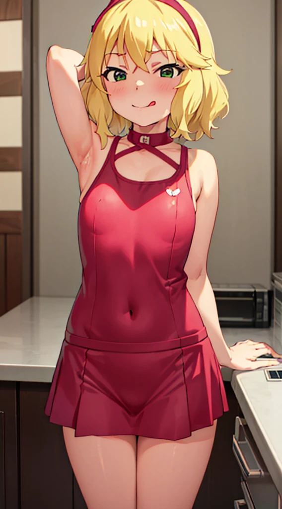 masterpiece, best quality, highres, Sakurai Momoka, 1girl, solo, busty, flat breasts, blond hair, bob hair., sport bra, short skirt, looking at viewer, full body, standing, simple background, (erotic pose:1.4), blush, flustered, (panties exposed:1.3), ((arms behind head, double armpits, standing)), Half body, upper body, In the middle, symmetrical, licking lips