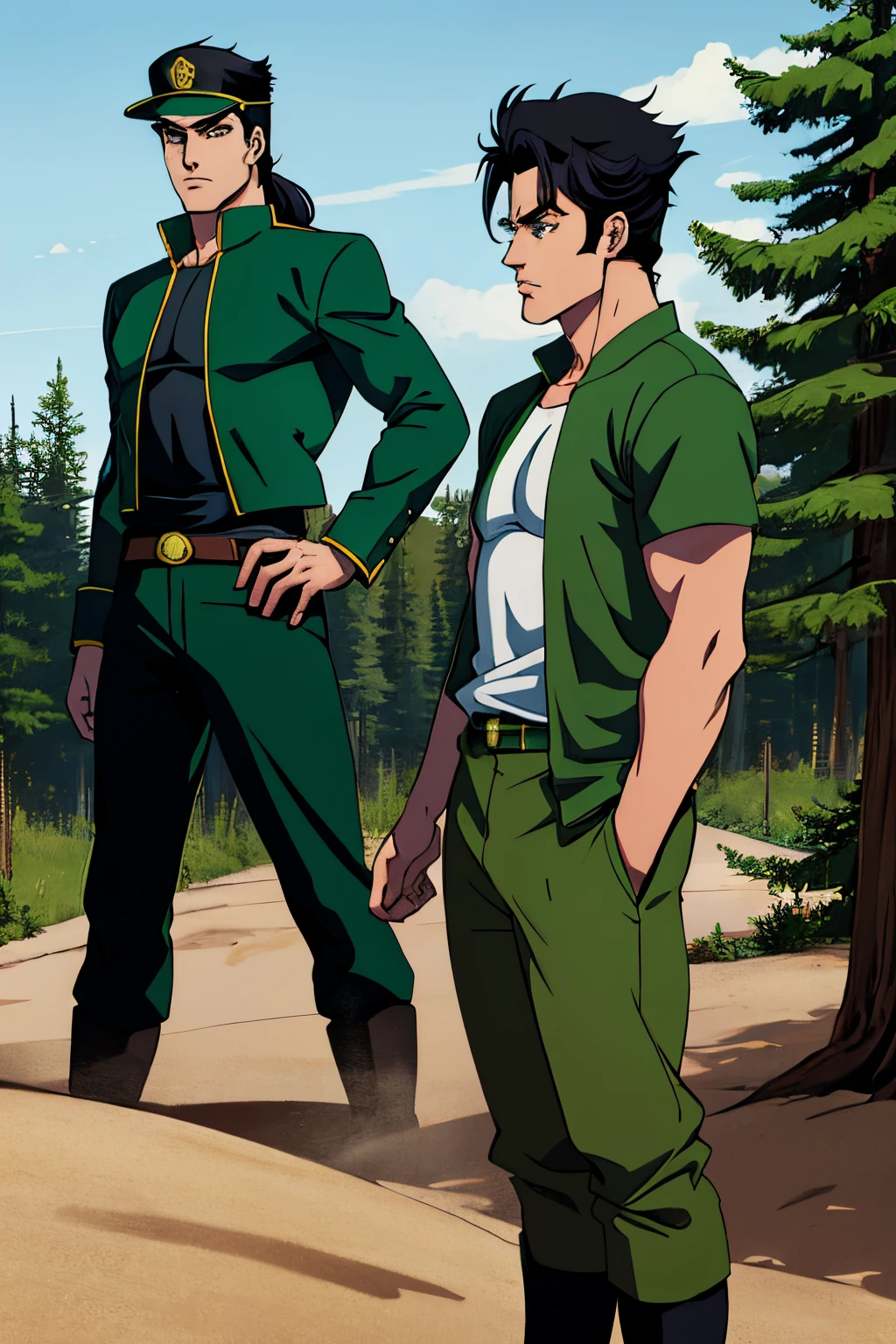 summer and spruce forest, Night Landscape, two male characters stand. two characters like from jojo. one with a hat, the second one with a pigtail, Serious faces, Jotaro Kujo, polnaref, araki drawing, JoJo