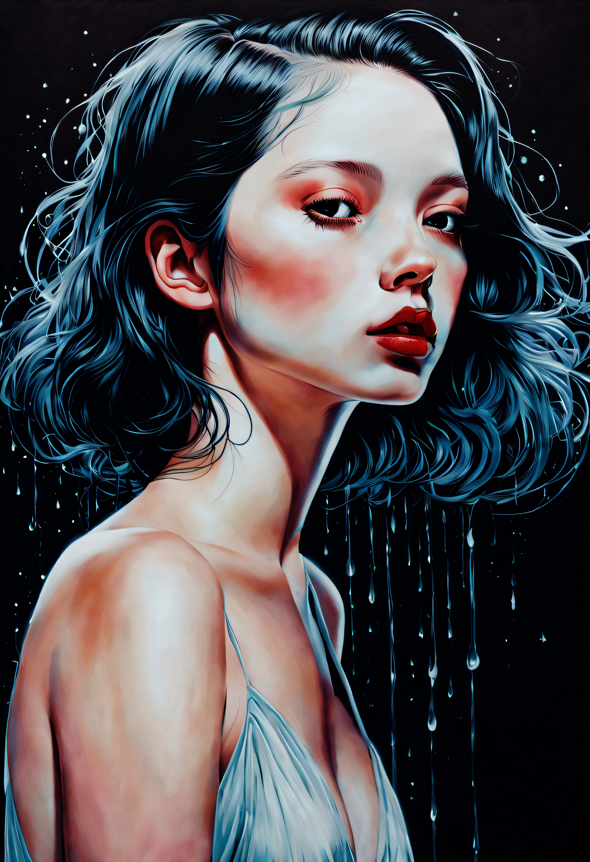 Chiaroscuro of a sensual illustration of a graceful girl,  wet hair, Vintage, eery, matte painting, Hannah Dale, by Harumi Hironaka, Very soft color, Vibrant, Highly detailed, digitial illustration , High contrast, Dramatic, refined, tonal, expressioness