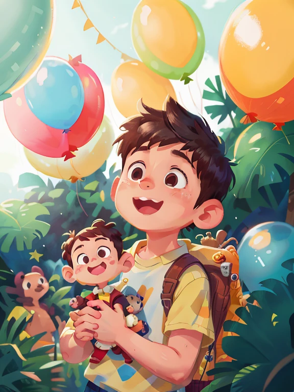 A boy, zoo, many balloons, happy, happy, perfect quality, clear focus (clutter - home: 0.8), (masterpiece: 1.2) (realistic: 1.2) (bokeh) (best quality) (detailed skin: 1.3) (intricate details) (8K) (detail eyes) (sharp focus), (happy)