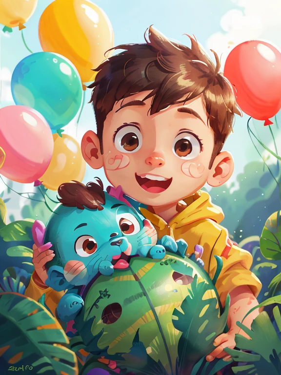 A boy, zoo, many balloons, happy, happy, perfect quality, clear focus (clutter - home: 0.8), (masterpiece: 1.2) (realistic: 1.2) (bokeh) (best quality) (detailed skin: 1.3) (intricate details) (8K) (detail eyes) (sharp focus), (happy)