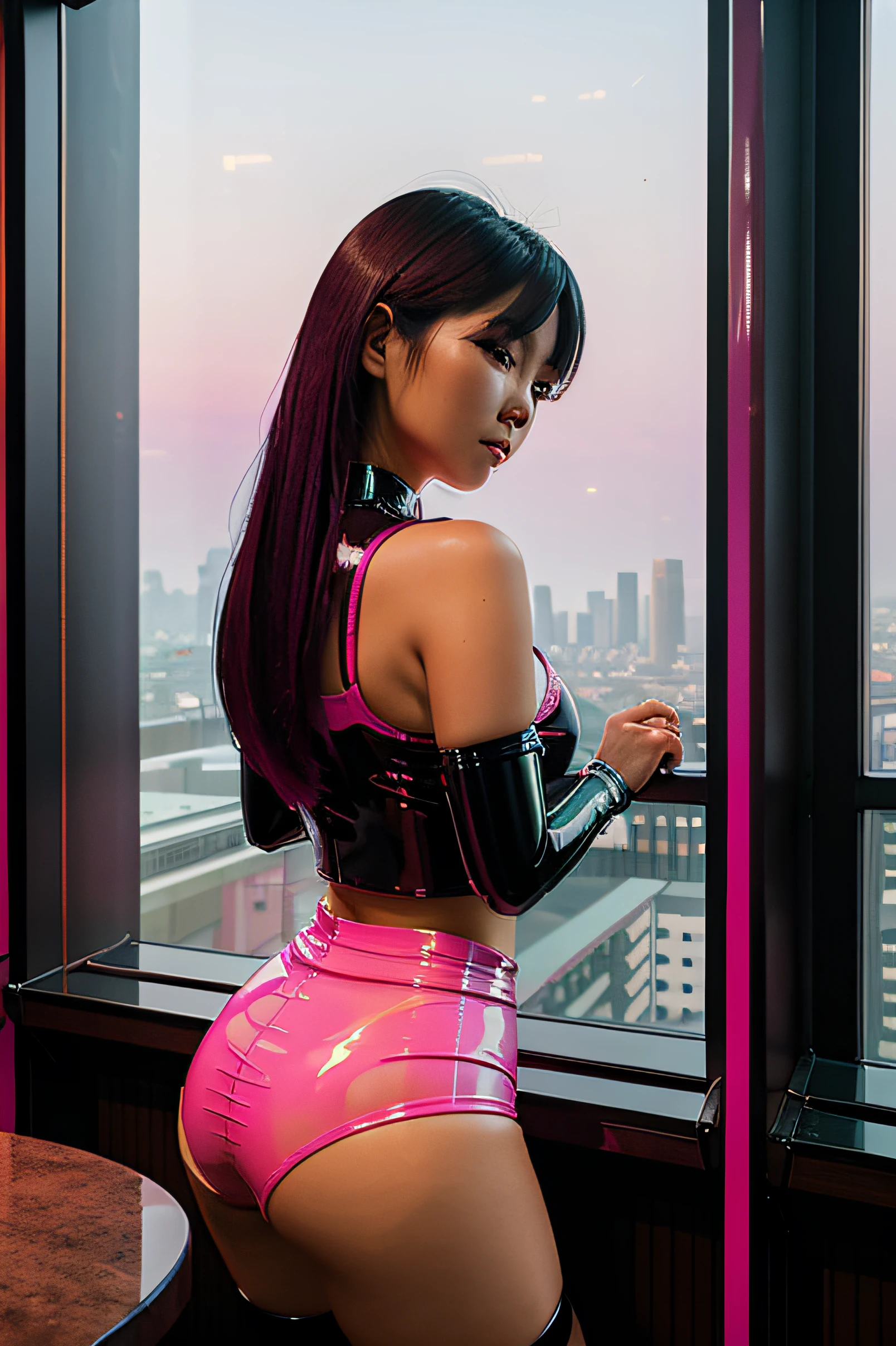 beautiful Asian woman wearing tight pink latex shorts in a high rise bar overlooking a cyborg city through the window