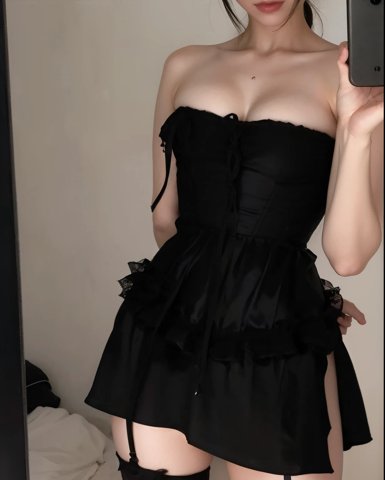 there is a woman taking a selfie in a black dress, usando vestido preto, she is wearing a black dress, usando espartilho, vestido aberto, vestido sexy, usando vestido, usando um vestido preto, espartilho muito apertado, cativante e atraente, vestido preto, espartilho, roupa reveladora, vestido escuro, vestido preto escuro, em um vestido, strapless dress, roupa sexy