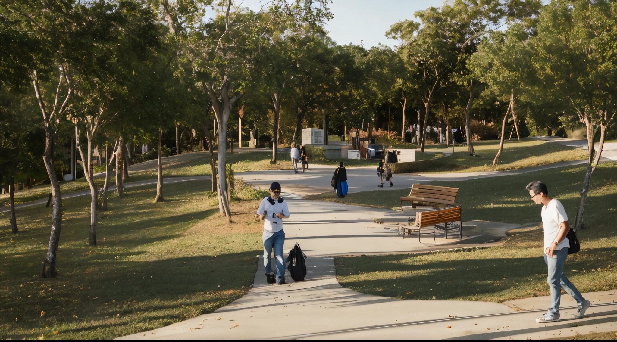 people walking along a path in a park with benches and trees, Viajantes do tempo aparecem em um parque, Caminhando no Parque, um parque, Parks and Public Space, em um parque da cidade, Estacione em um dia ensolarado brilhante, realistic afternoon lighting, Directed by: David Ruby, em um parque, Dia ensolarado em um parque, Cena realista, no Parque, um hiper realista