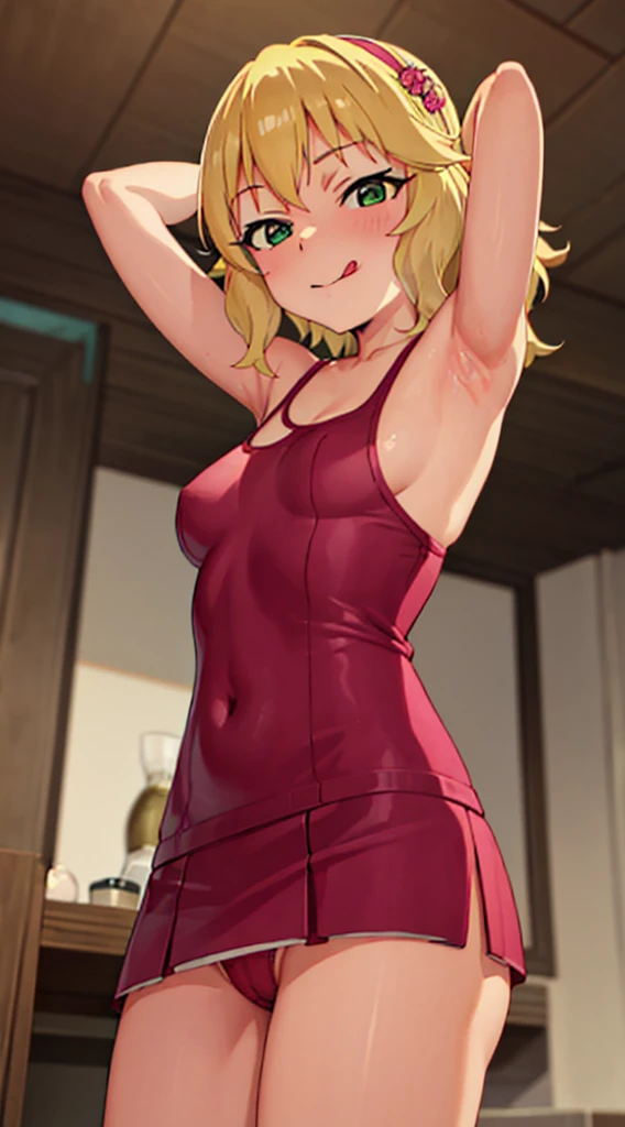 masterpiece, best quality, highres, Sakurai Momoka, 1girl, solo, busty, flat breasts, blond hair, bob hair., sport bra, short skirt, looking at viewer, full body, standing, simple background, (erotic pose:1.4), blush, flustered, (panties exposed:1.3), ((arms behind head, double armpits, standing)), Half body, upper body, In the middle, symmetrical, licking lips