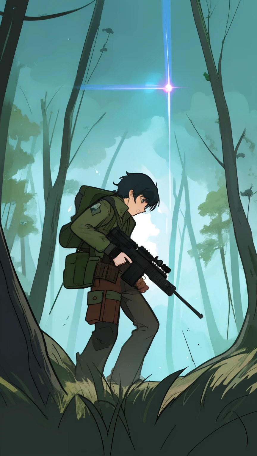 Man holding a rifle in the forest at night, Christopher Balaskas, Laser Rifle Shooting, fps game concept art, jen bartel, Anime machine-gun fire, Petros Afshar Speedart, Laser shooting, inspired by Christopher Balaskas, background illustration, laser fire, by Dan Mumford. Octane Render, sci-fi illustrations, sci-fi illustrations