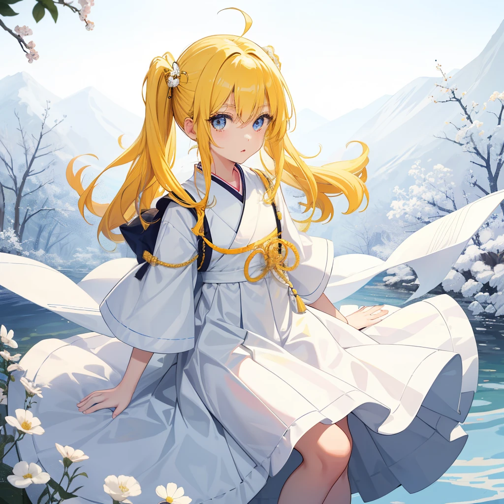 1girl in、AS-Kid、Japanese、white long dress、校服、serafuku、yellow hair、beautiful eyes、short、