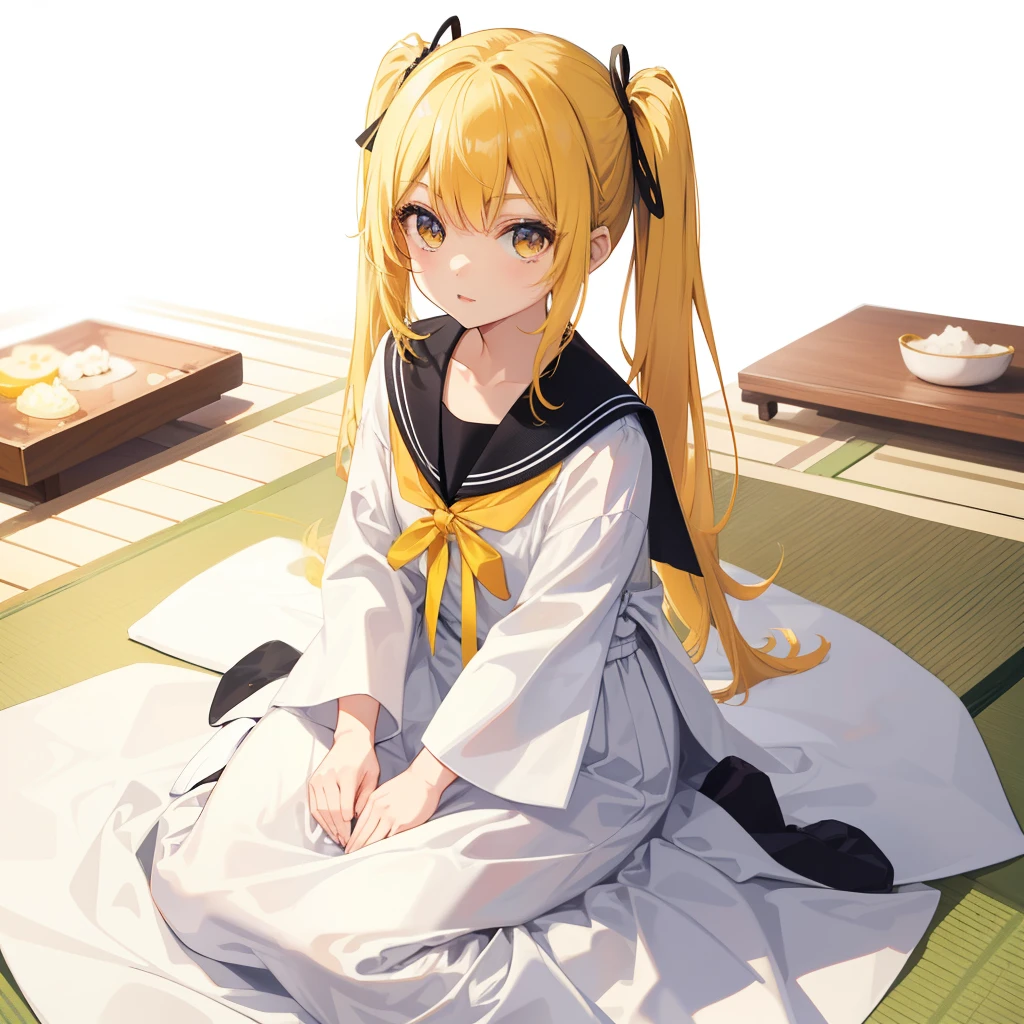 1girl in、AS-Kid、Japanese、white long dress、校服、serafuku、yellow hair、beautiful eyes、short、