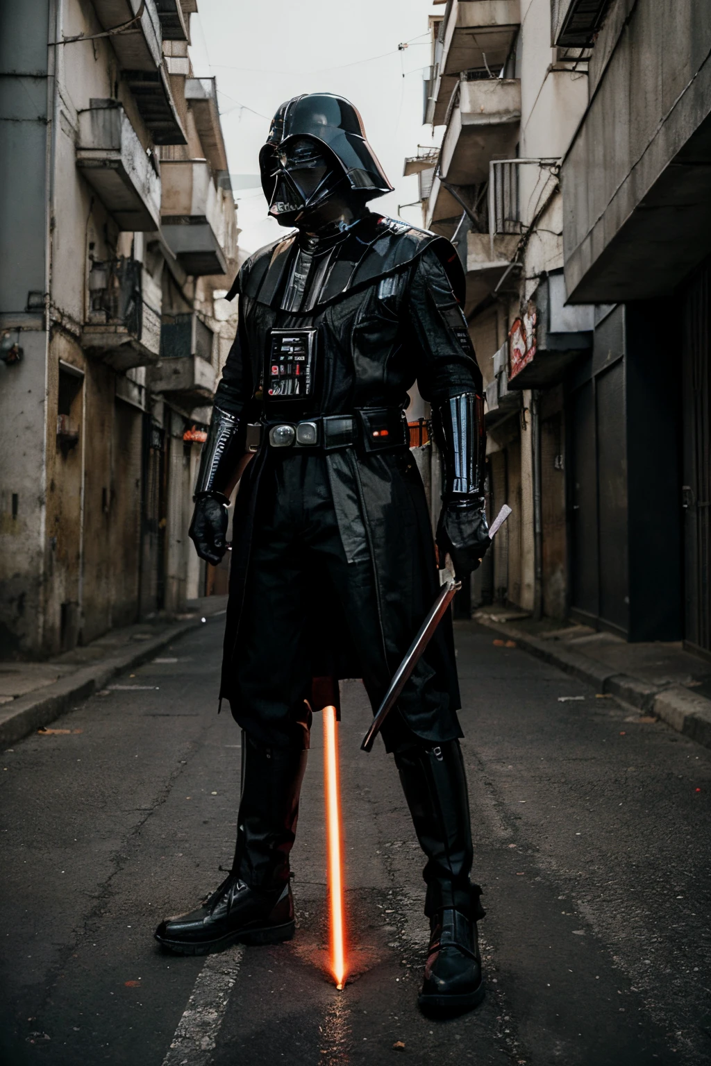 Darth vader com o sabre vermelho no estilo katana com um fundo cyberpunk com carros voadores e predios futurista na rua com uma nave
