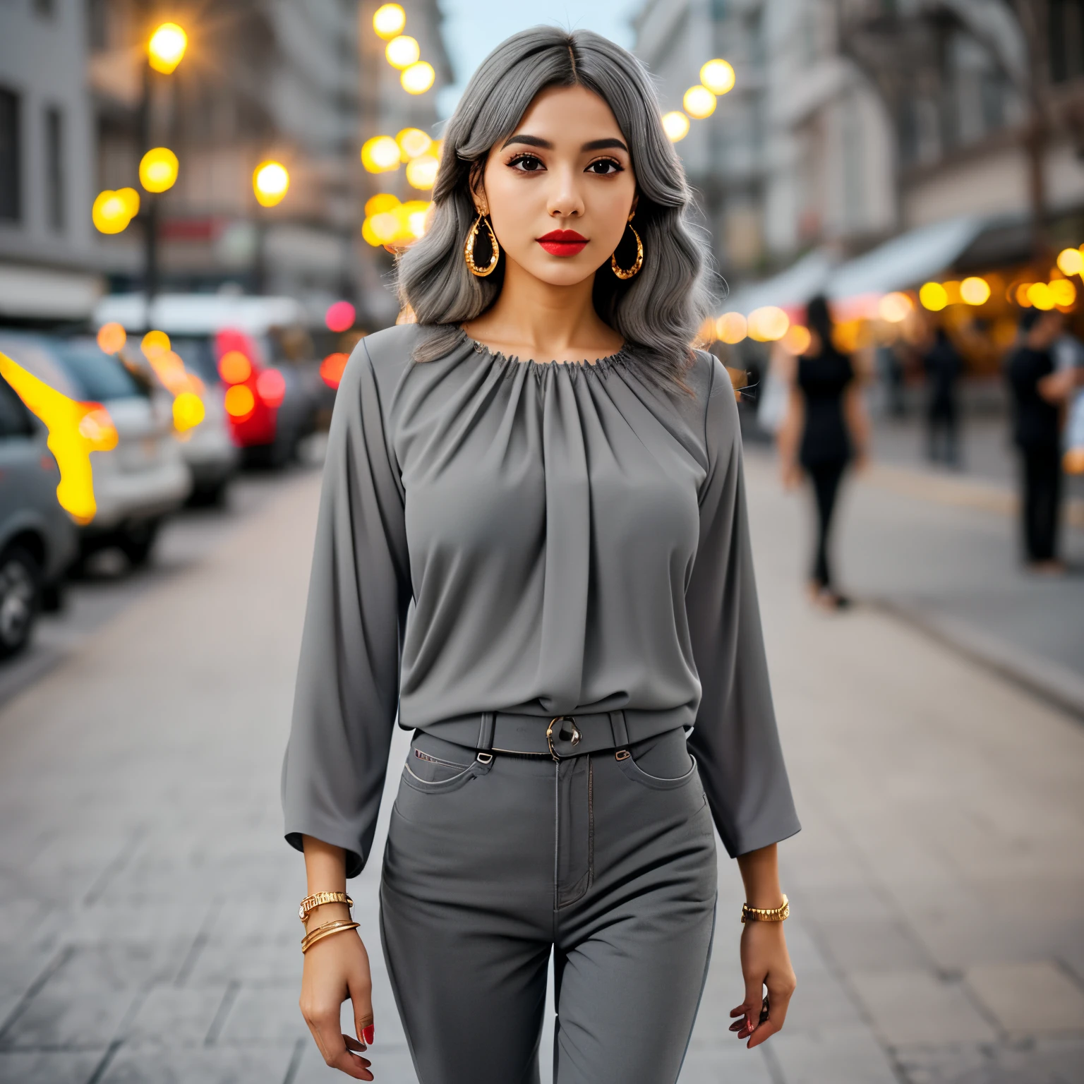 Top Quality, Photorealistic, 8K, High Definition, 1 Tirkish Girl, 26 year old Woman, short black wavy hairstyle, wearing black round neck baggy Tee-shirt, regular fit, regular length, no printing on Teeshirt, skinny damage ankle fit black jeans, heels, (Skindentation), (Big Breasts, bouncy breasts), (Professional Lighting, Bokeh), (Street), (People, Crowd: 0.6), Market, (Night: 1.2), (Gray: 2.0), (Blouse: 1.5), (Portate: 0.6), Gorgeous, Bloom, (Floating Hair), (Light particles, Lens Flare, Luminous Particles: 0.6), ( Dynamic Pose: 1.2), soft lighting, Standing walking style, model posing, Tirkish beautiful girl, wearing golden watch, bracelet, small earrings, red lipstick