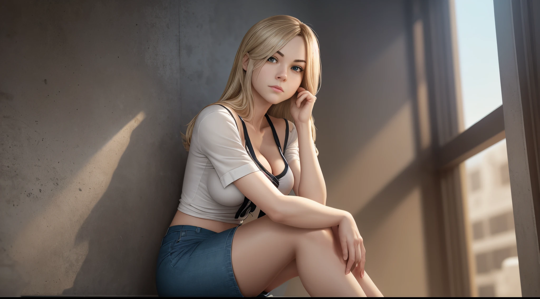 black dude sitting on mcdonalds, Objective,Capture a realistic and natural iPhone photograph of Gwen Stacy in casual age clothing, ensuring authenticity and avoiding the artificial look associated with AI-generated images. Details,Focus on Gwen Stacy wearing regular teen clothes—specifically, a short skirt and a white shirt with subtle cleavage. Strive for authenticity in her pose, facial expression, and body language, portraying the essence of a real-life moment rather than a staged composition. Facial Details,Highlight Gwen Stacy's facial features, paying attention to subtle expressions, natural asymmetry, and the depth in her eyes. Aim for a genuine and relatable appearance, avoiding the uncanny valley. Employ high-quality skin rendering, precise lighting, and advanced post-processing effects for a convincing and lifelike result. Body Details,Ensure realistic proportions, lifelike skin texture, and nuanced shading across Gwen Stacy's entire body. Pay careful attention to her posture and movement, capturing the natural flow of casual clothing. Implement advanced techniques for clothing simulation to enhance realism. Scene Details,Place Gwen Stacy in a relatable and everyday setting, possibly outdoors or in a casual indoor environment. Consider the lighting conditions typical of an iPhone photograph to maintain authenticity. Incorporate subtle background elements that add to the realism without distracting from the main subject. Avoid,Overt symmetry, flawless smoothness, and stiffness. Strive for authenticity in both facial features and the full-body depiction, capturing the essence of Gwen Stacy as a relatable character. Goal,Create a seamlessly realistic iPhone photograph of Gwen Stacy in casual attire, evoking the feel of a captured moment rather than a staged image, challenging easy categorization as an AI-generated depiction. --auto --s2