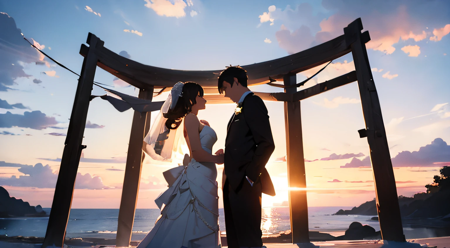 Silhouette of a loving wedding couple with beautiful background