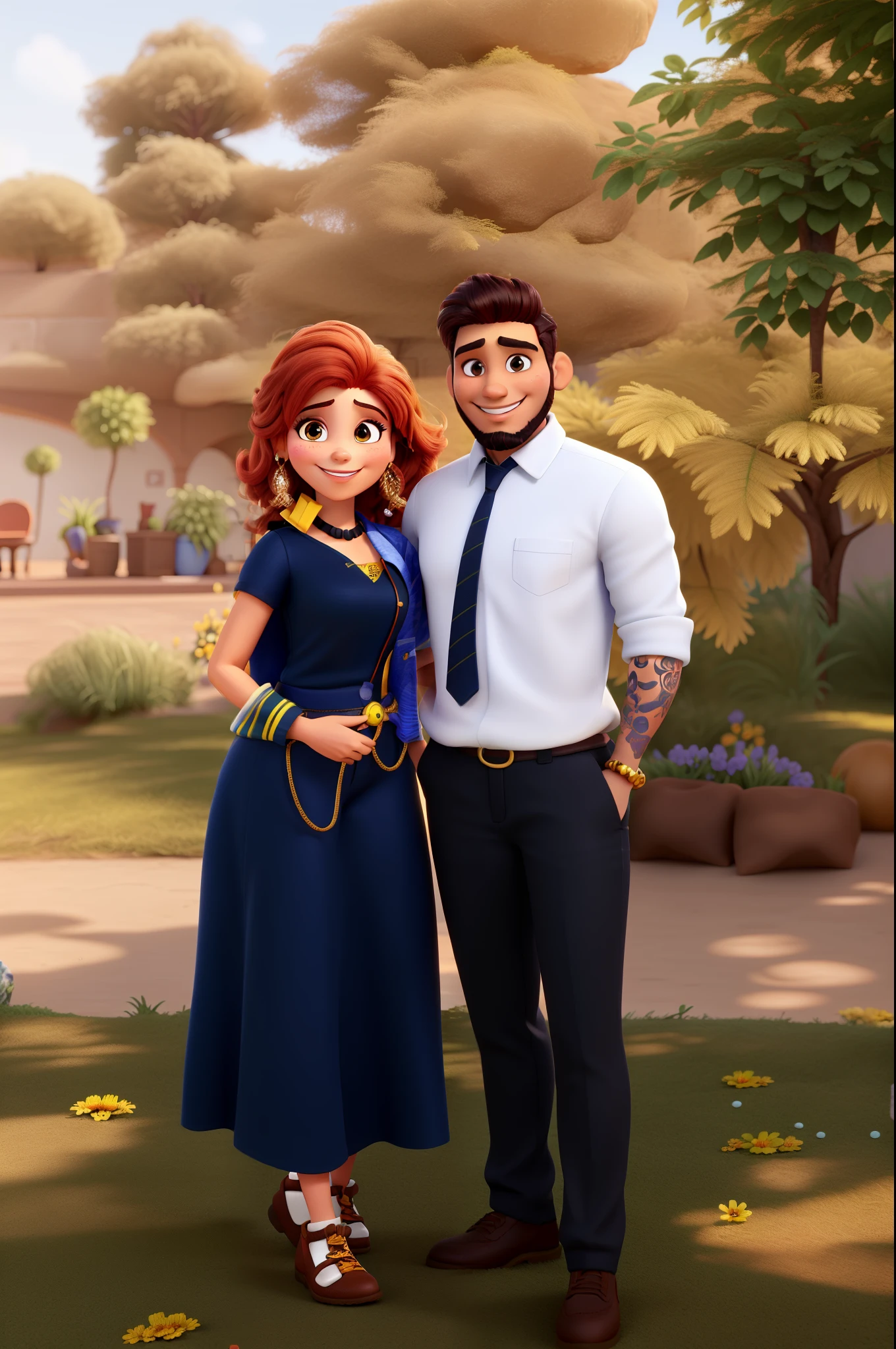 Mulher sorrindo cabelo amarelo, homem moreno , cabelo preto, com barba sorrindo, estilo Disney Pixar,alta qualidade, melhor qualidade.