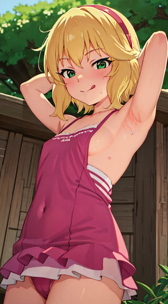 masterpiece, best quality, highres, Sakurai Momoka, 1girl, solo, busty, flat breasts, blond hair, bob hair., sport bra, short skirt, looking at viewer, full body, standing, simple background, (erotic pose:1.4), blush, flustered, (panties exposed:1.3), ((arms behind head, double armpits, standing)), Half body, upper body, In the middle, symmetrical, licking lips