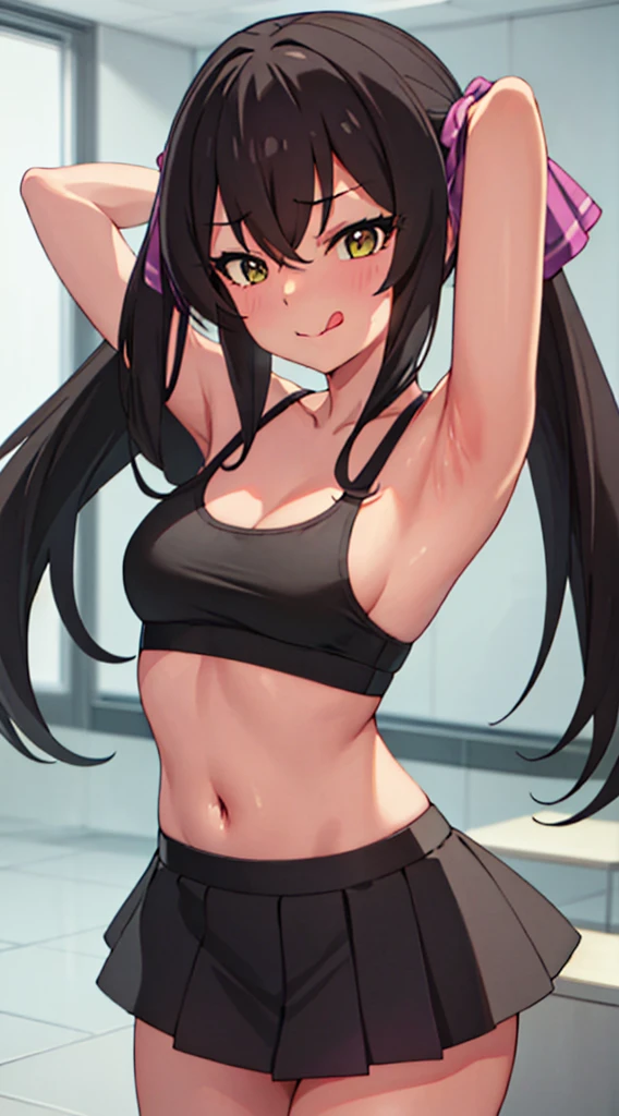 masterpiece, best quality, highres, Matoba Risa, 1girl, solo, busty, flat breasts, black hair, twintail, sport bra, short skirt, looking at viewer, full body, standing, simple background, (erotic pose:1.4), blush, flustered, (panties exposed:1.3), ((arms behind head, double armpits, standing)), Half body, upper body, In the middle, symmetrical, licking lips