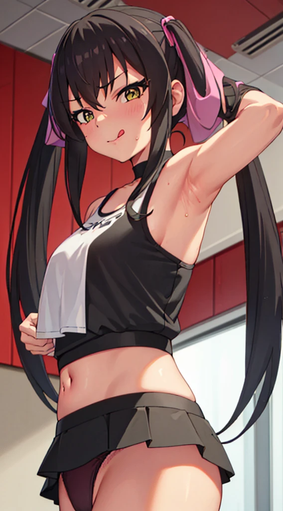 masterpiece, best quality, highres, Matoba Risa, 1girl, solo, busty, flat breasts, black hair, twintail, sport bra, short skirt, looking at viewer, full body, standing, simple background, (erotic pose:1.4), blush, flustered, (panties exposed:1.3), ((arms behind head, double armpits, standing)), Half body, upper body, In the middle, symmetrical, licking lips