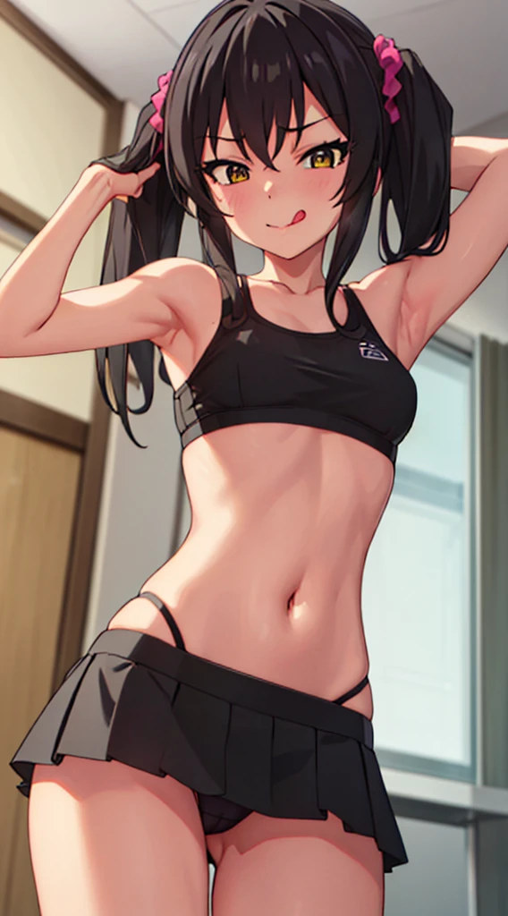 masterpiece, best quality, highres, Matoba Risa, 1girl, solo, busty, flat breasts, black hair, twintail, sport bra, short skirt, looking at viewer, full body, standing, simple background, (erotic pose:1.4), blush, flustered, (panties exposed:1.3), ((arms behind head, double armpits, standing)), Half body, upper body, In the middle, symmetrical, licking lips