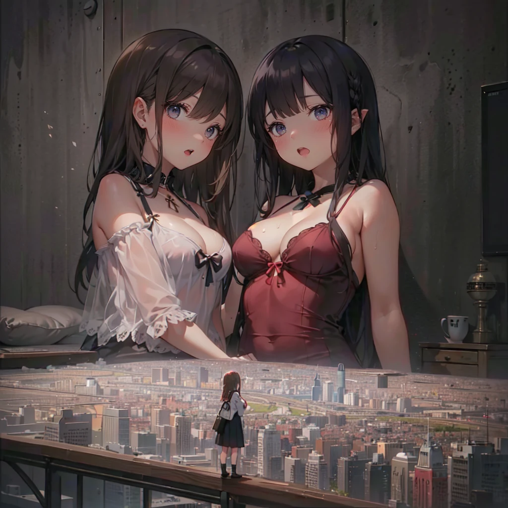 (2girls:1.8), (height_difference:1.5), (size_difference:1.2), (bedroom: 1.2), table, desk,
AND (2girls:1.3), (yuri:1.2), two girls next to each other, (giantess:1.3), small breasts, (breasts and face closeup), smug, cleavage, long hair, elf, elf ears, bangs, hair covering eyes, breast press, :o, >:D,, sweaty, tongue, a city of people on a platform below the breasts of a giantess, a city of people on a platform in front of the breasts of a giantess, (crowds:1.4), (multiple_girls:1.5), (1girl:1.5), serafuku, (minigirl:1.4), (minigirl on a table: 1.2), buildings, cafe, (cityscape from sky view: 1.3), (cityscape:1.2), lingerie, dress