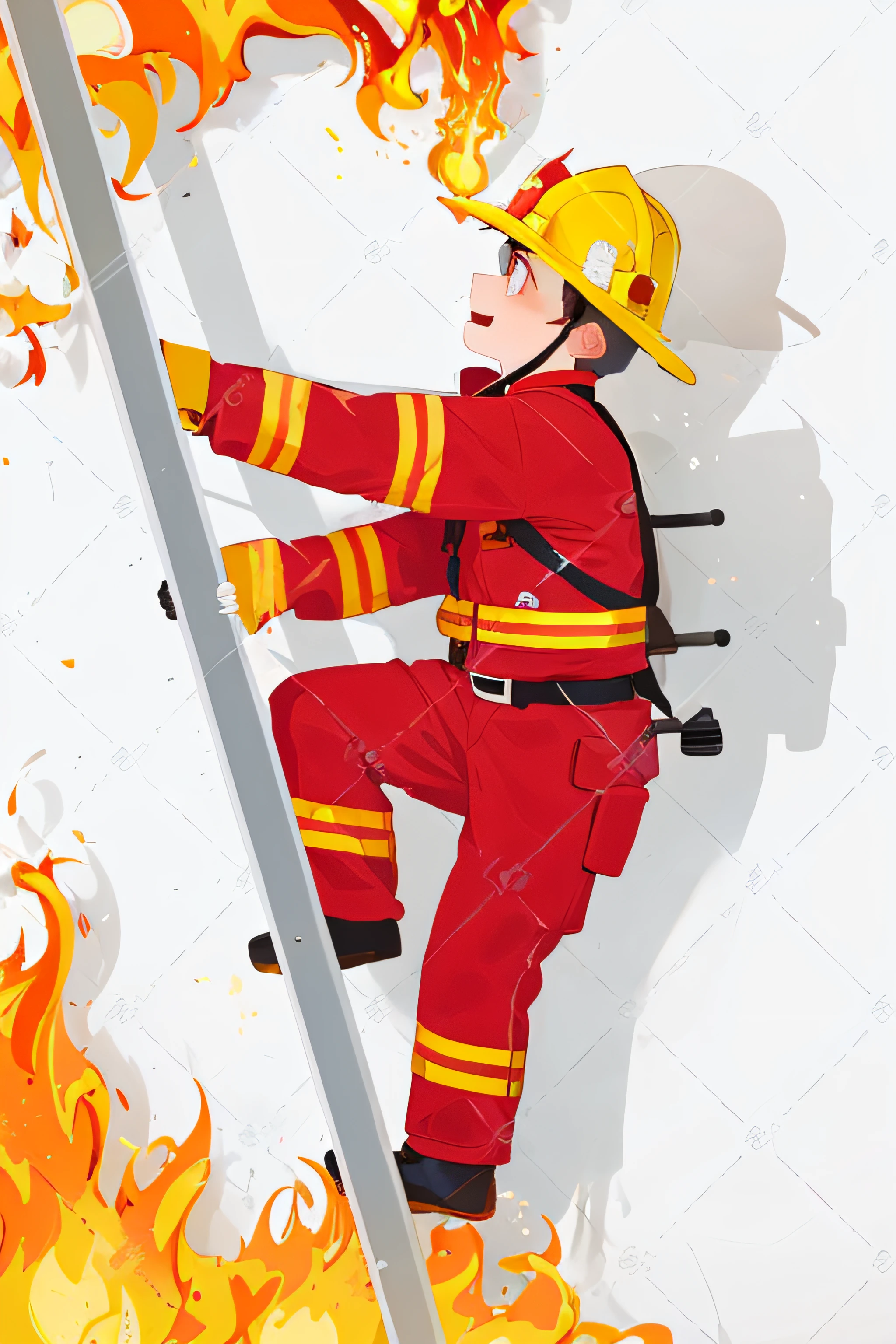 Fireman climbing pillar with flames illustration, Firefighters, Firefighters, , Fire Equipment, Young male firefighter, exciting illustration, standing in fire, fiery, Fire fighting, (fiery), fires, Firefighter Sam, we didn't start the fire,