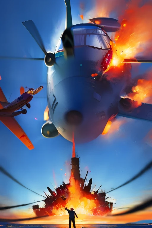 Modelo Disney Pixar Cartoon,a plane colliding with two towers with an explosion in the background a plane pilot with an evil face