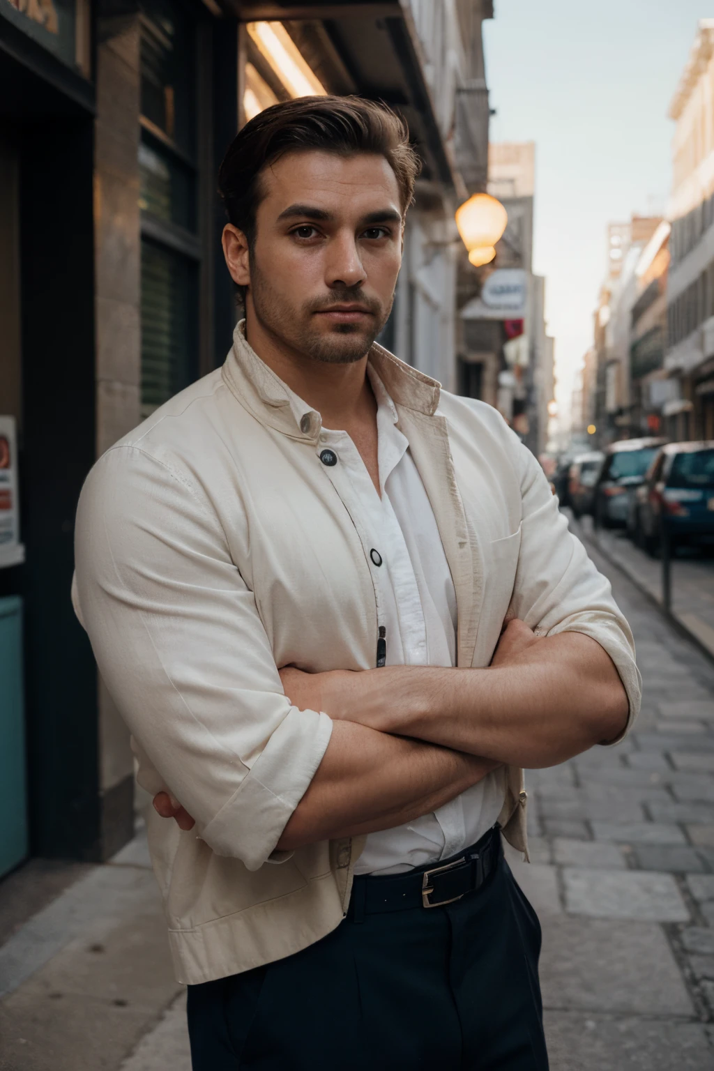 1 homem, 33 anos, branco, 193cm, forte, gordo, 140kg ((suave sobrepeso)), Businessman, Front view, Latim brasileiro, Business style, arms crossed, ultra detalhe facial, foto retrato premiada, luz da chave, luz de fundo, soft natural lighting, jaqueta azul do vestido, luz de fundo, soft natural lighting, man standing, photography Grain film ISO 1400 100mm lens Aperture RAW f1.4, altamente detalhado, Olhando para o horizonte, 8k, latim, (analogue photography: 1.0), Cores HDR, city of background buildings ((best quality)), ((master part)), (circunstanciado), rosto perfeito