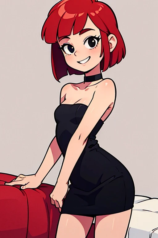 ((masterpiece, best quality;1.3)), ultra detailed, detailed background, 1 girl, teenage, short red hair, medium hair, bob hair, black eyes, little black dress, black strapless dress, tube dress, bodycon dress, skin-tight dress, choker, smile, bedroom background.