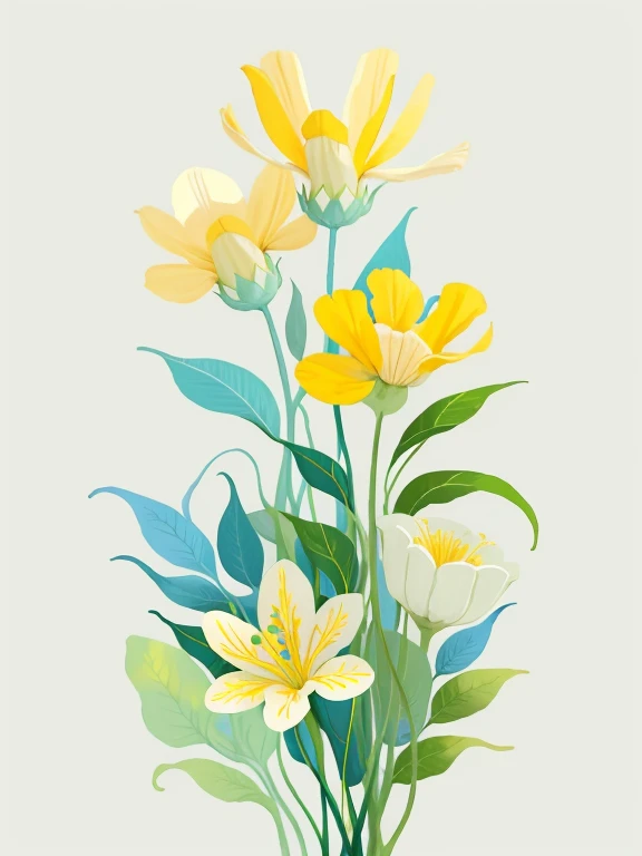 Cena florista, flores amarelas e toldos verdes delineiam o estilo aquarela da floricultura, gentil, aesthetic shades of yellow-green, tons turquesa, tons amarelo-esverdeados claros, bela arte cheia de luz, matte gouache illustration, Hand-painted Studio Ghibli