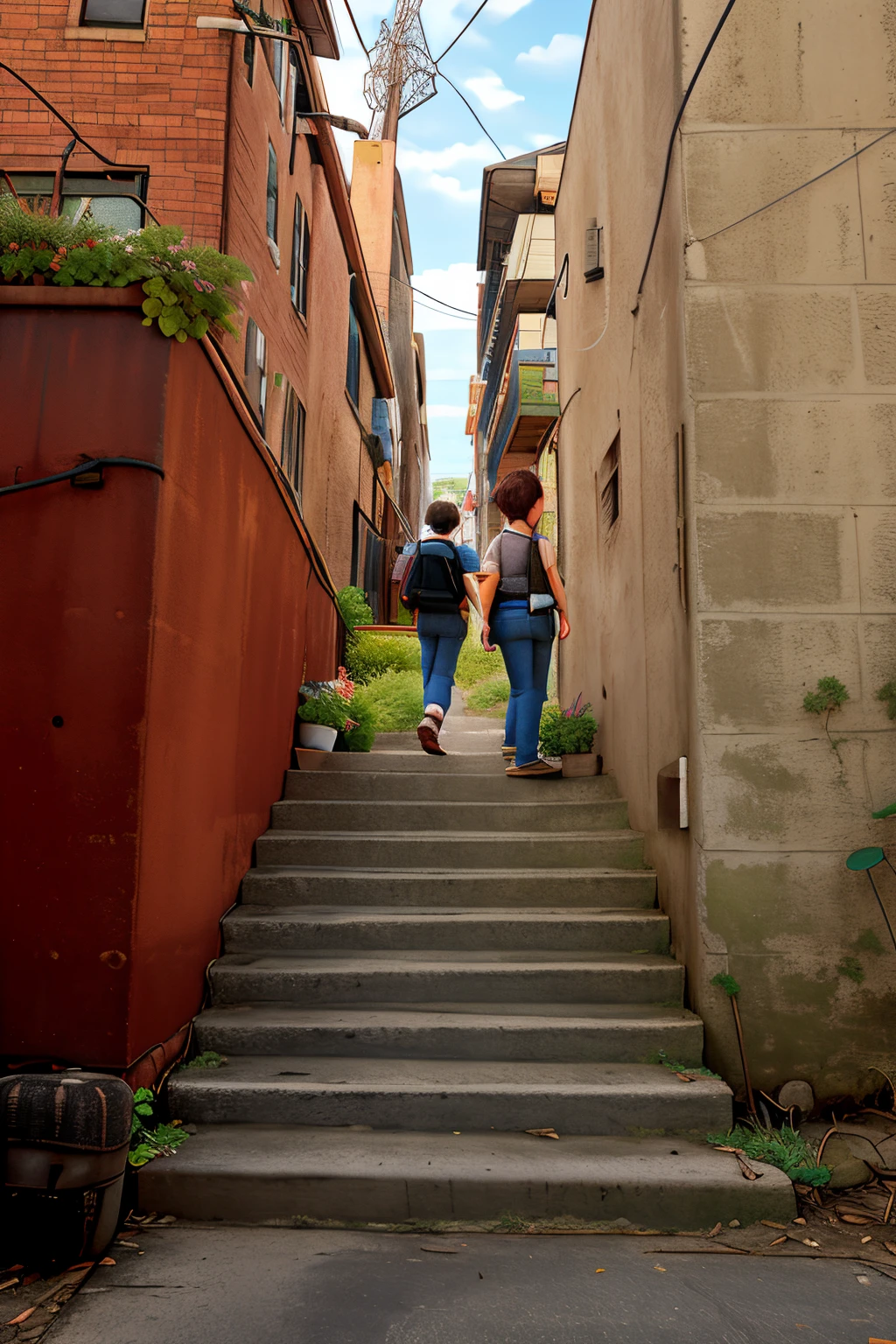 outdoors, power lines, sign, scenery, building, utility pole, street, sky, road, city, potted plant, solo, day, 1girl, brown hair, shirt, traffic light, 1boy, plant, air conditioner, road sign, blue sky, bag, short hair, stairs