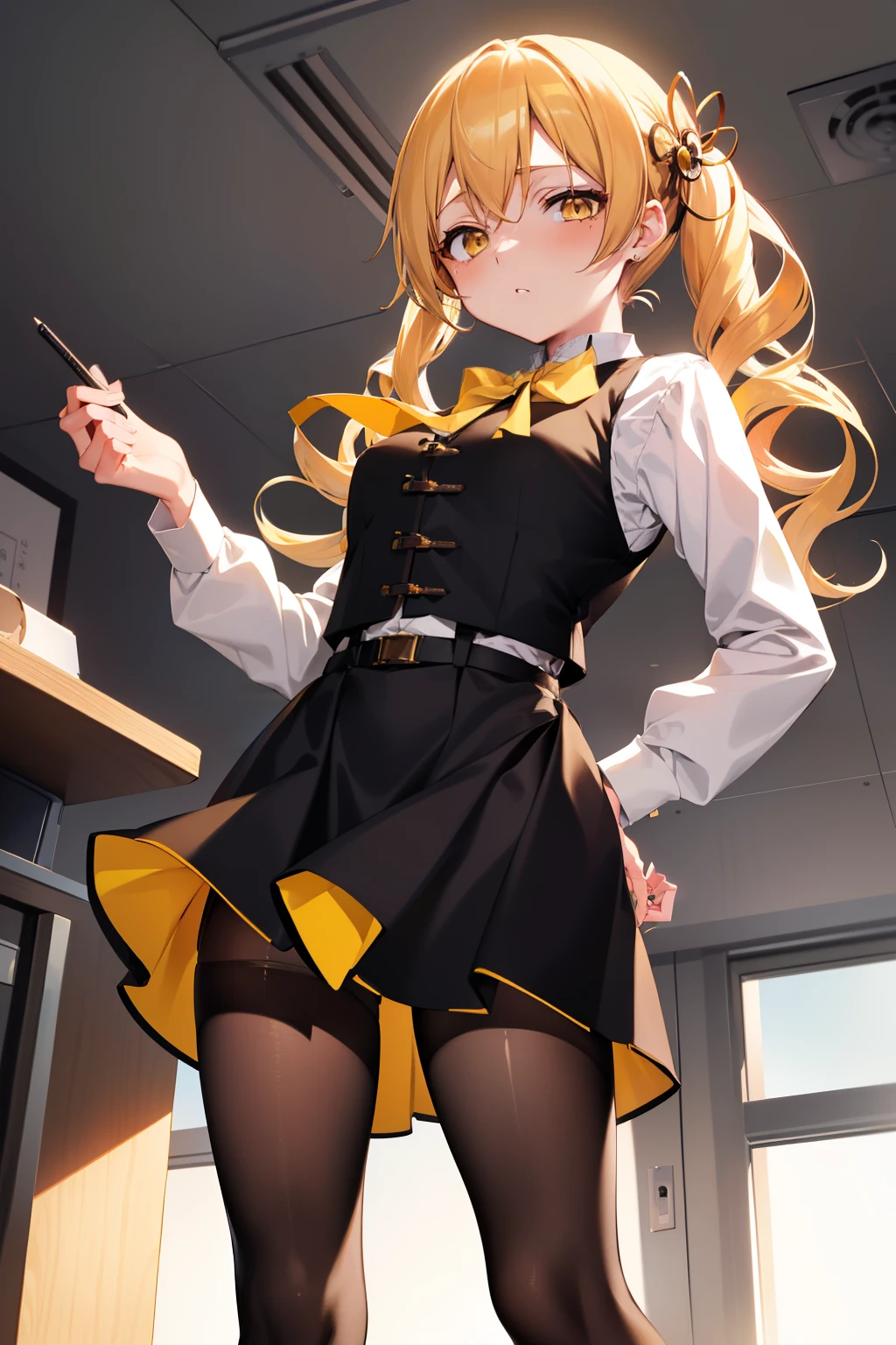 masutepiece, Best Quality, 1girl in, (Mami Tomoe), Blonde hair, poneyTail, length hair, (Yellow eyes:1.2), evening, Sunset,、((Photo from directly below))、((pencil skirts))、((Office Suits))、((Blouse))、((Black miniskirt))、((pantyhose))、((high-heels))、((vests))