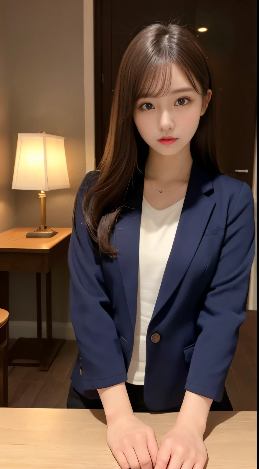 On a table, Best quality, lamplight, ultra - detailed, Detailed pubic hair, A high resolution, 8k wallpaper, Perfect dynamic composition, beautidful eyes, Natural lips,blazer jacket ,校服, Lop, Full body lesbian,Put your hands in your pockets