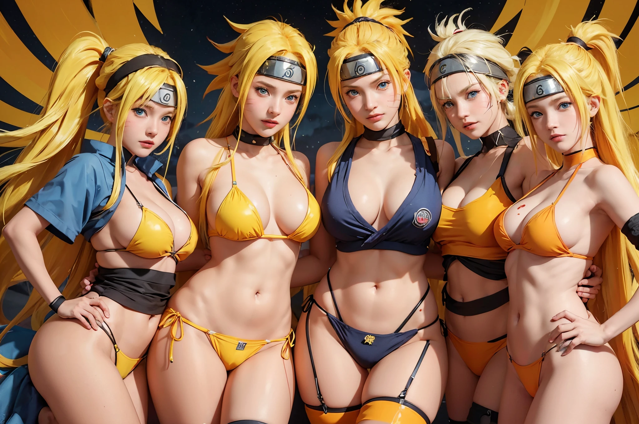 generate 5Narutoes all with yellow hair from naruto anime, best quality, masterpiece,so manygirl, smile, raytracing, ultra detailed, 8k wallpaper, wide hips, tsundere face, large breast, ninja headband. (long hair:1.1),yellow hair, ((blue eyes)), looking at viewer, collarbone, orange bikini, cleavage, female, at ramen shop, eating ramen. surrounded by narutoes, cat whiskers cheek, (((more than 2 narutoes))) full body picture, full body shoot, ((kage bunshin no jutsu)), masterpiece, best quality:1.2),(8k,highres,RAW photo,realistic,photo-realistic:1.3),(detailed skin texture,detailed cloth texture,beautiful detailed face:1.25),professional lighting,photon mapping,beautiful soft light,radiosity,physically-based rendering,model shoot style, model shoot style, (extremely detailed CG unity 8k wallpaper), full shot body photo of the most beautiful artwork in the world, complex 3d render ultra detailed, looking at viewer, 18 yo, wet hair, real human skin, vibrant details, hyperrealistic, beautiful, octane render, 8k, best quality, masterpiece, an extremely delicate and beautiful, extremely detailed ,CG ,unity ,wallpaper, (realistic, photo-realistic:1.37),Amazing, finely detail, masterpiece,best quality,official art, extremely detailed CG unity 8k wallpaper ,extreme detailed eyes, (perfect face), shiny skin, colorful, highest detailed, vibrant colors, ultra high res, (high contrast), intricate, lens flare, (blue wind effect), (rasengan)