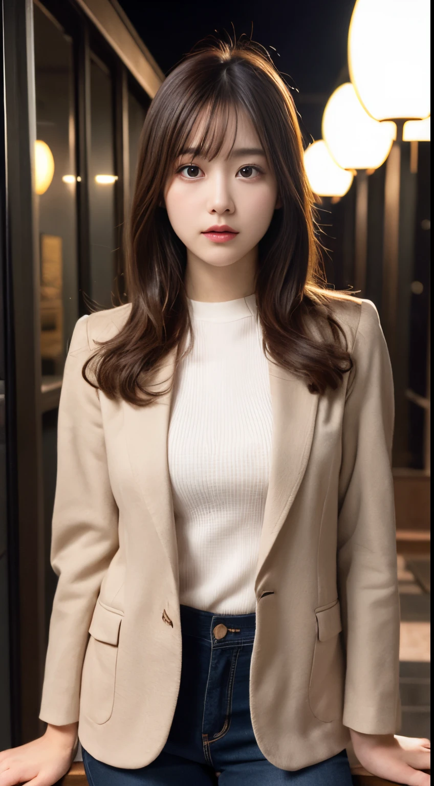 On a table, Best quality, lamplight, ultra - detailed, Detailed pubic hair, A high resolution, 8k wallpaper, Perfect dynamic composition, beautidful eyes,  Natural lips,blazer jacket ,校服, Lop, Full body lesbian,Put your hands in your pockets