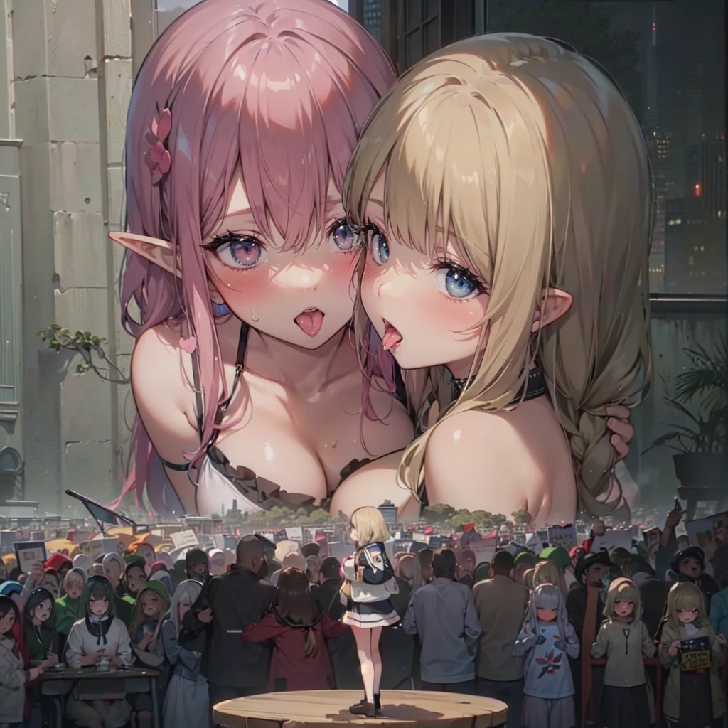 (2girls:1.8), (height_difference:1.5), (size_difference:1.2), (bedroom: 1.2), table, desk,
AND (2girls:1.3), (yuri:1.2), two girls next to each other, (giantess:1.3), small breasts, (breasts and face closeup), smug, cleavage, long hair, elf, elf ears, bangs, hair covering eyes, breast press, :o, >:D,, sweaty, tongue, a city of people on a platform below the breasts of a giantess, a city of people on a platform in front of the breasts of a giantess, (crowds:1.4), (multiple_girls:1.5), (1girl:1.5), serafuku, (minigirl:1.4), (minigirl on a table: 1.2), buildings, cafe, (cityscape from sky view: 1.3), (cityscape:1.2)