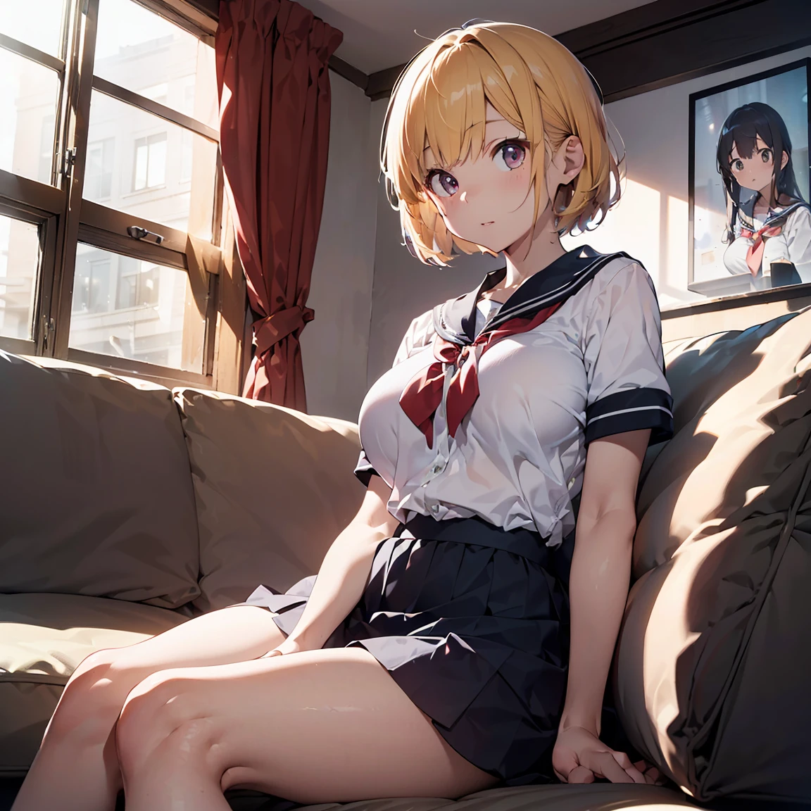 (top-quality,High resolution,(Ultra high definition,4K), (超A high resolution,in 8K),masutepiece:1.2), (Perfect Anatomy,Anatomically accurate), (Angle from below), (Soft lighting, 光线追踪), (Two cute high school girls), ((Sitting on a sofa in the lobby of a luxury hotel and opening your legs)), (Girls' High School Sailor Uniform), (Red lace panties), (fascinated expression), (Crisp double eyelids), (Large breasts:1.3), NSFW,(Soft skin), (Photorealistic), (Glowing skin), (blondehair), (Pixie Cut)