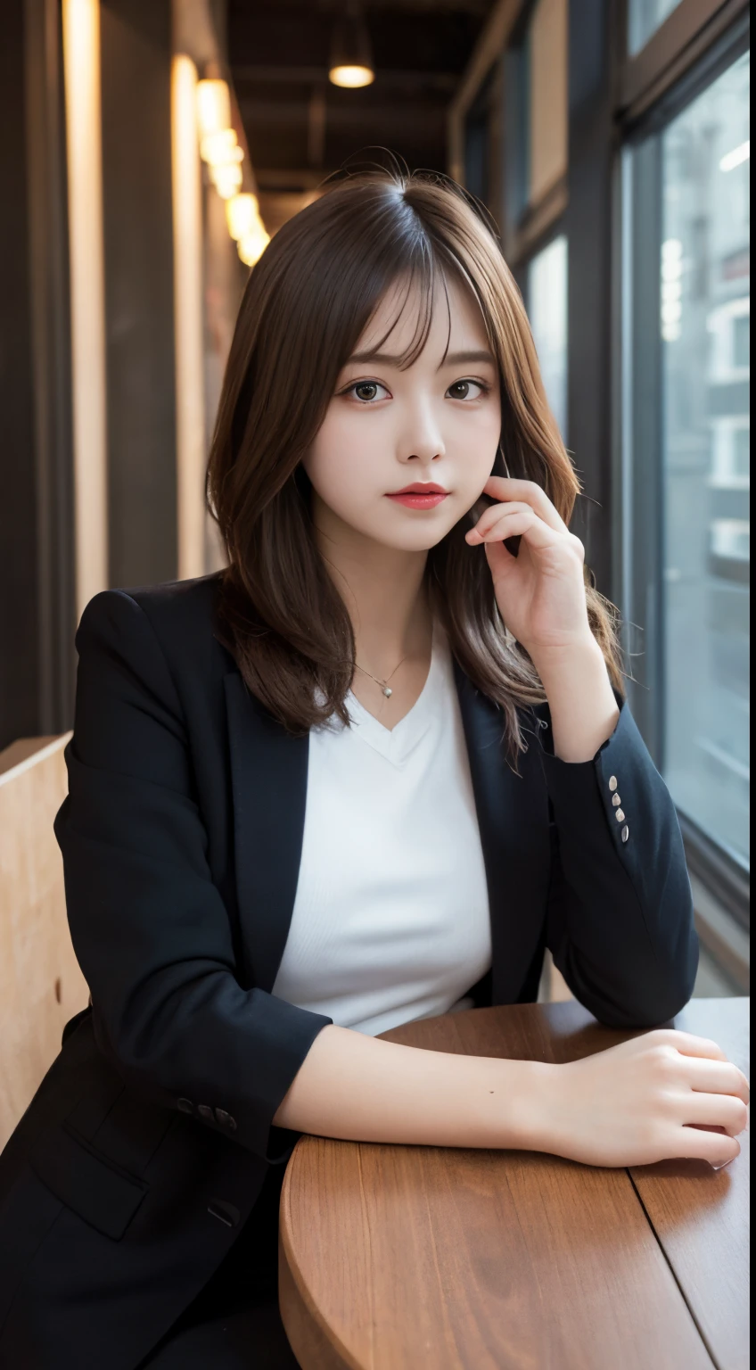 On a table, Best quality, lamplight, ultra - detailed, Detailed pubic hair, A high resolution, 8k wallpaper, Perfect dynamic composition, beautidful eyes, Natural lips,blazer jacket ,校服, Lop, Full body lesbian,Put your hands in your pockets