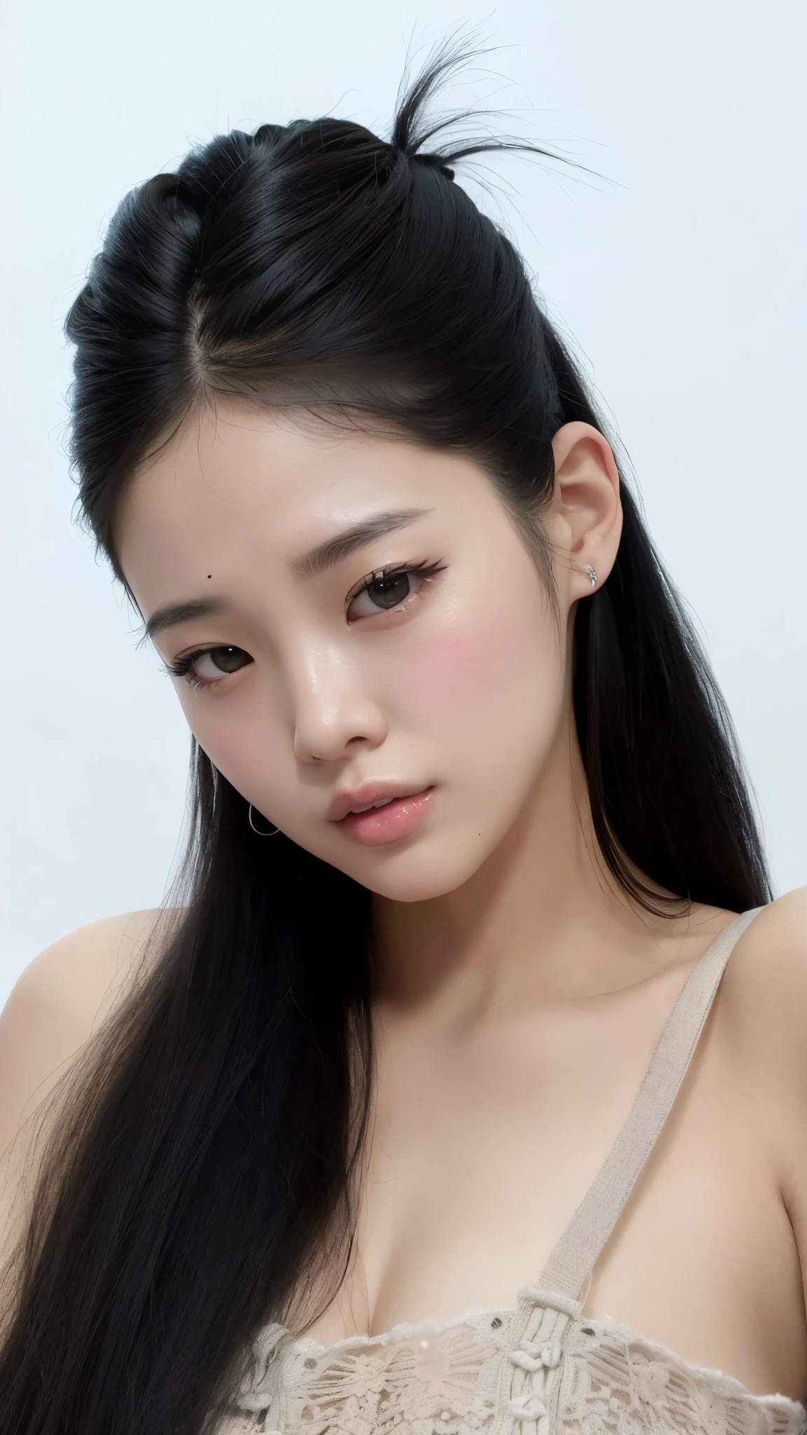 um close up de uma mulher com longos cabelos pretos usando um vestido, jennie blackpink, Mulher sul-coreana bonita, linda mulher coreana jovem, mulher coreana jovem bonita, maquiagem coreana popular, korean face features, Jaeyeon Nam, maquiagem sul-coreana popular, Heonhwa Choe, young adorable korean face, Gongbi, Lee Ji - Eun, Lee Ji-eun