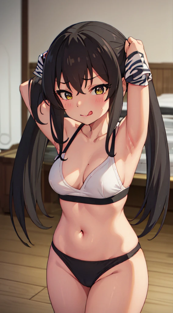 masterpiece, best quality, highres, Matoba Risa, 1girl, solo, busty, flat breasts, black hair, twintail, sport bra, looking at viewer, full body, standing, simple background, (erotic pose:1.4), blush, flustered, (panties exposed:1.3), ((arms behind head, double armpits, standing)), Half body, upper body, In the middle, symmetrical, licking lips