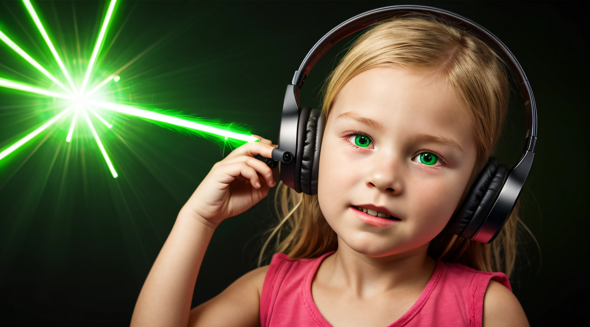 Creepy Green Light um close-up de um anel de fone de ouvido de uma loira pegando fogo., com asas em um fundo LASER VERDE , Asas pretas ligeiramente queimadas, cruz, Cruzes, Asas Negras,